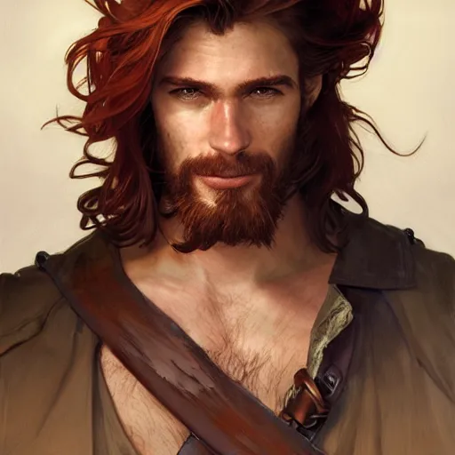 Prompt: portrait of a young ruggedly handsome but joyful pirate, male, masculine, upper body, red hair, long hair, d & d, fantasy, piercing gaze, sharp features, intricate, elegant, highly detailed, digital painting, artstation, concept art, matte, sharp focus, illustration, art by artgerm and greg rutkowski and alphonse mucha