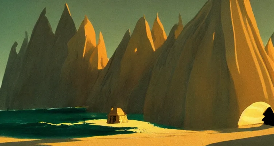 Image similar to environment art, seashell house where a hermit girl lives, atmospheric cinematography by syd mead and emmanuel lubezki