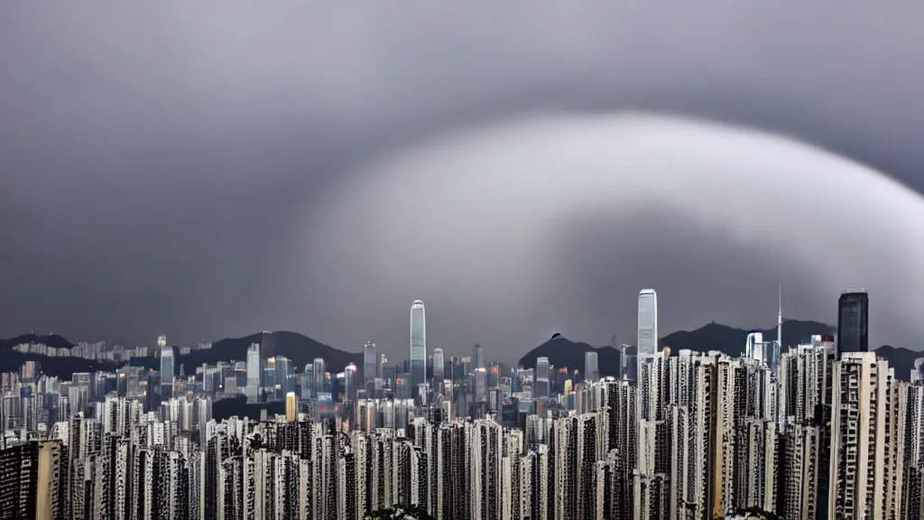 Image similar to a tornado ripping through the city of hong kong