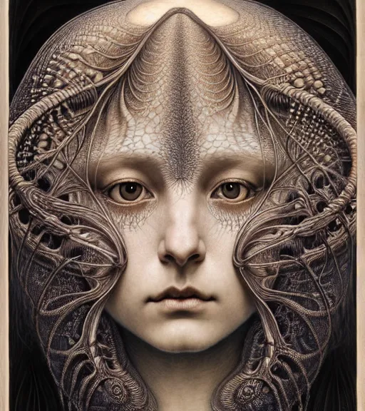 Image similar to detailed realistic beautiful moth goddess face portrait by jean delville, gustave dore, iris van herpen and marco mazzoni, art forms of nature by ernst haeckel, art nouveau, symbolist, visionary, gothic, neo - gothic, pre - raphaelite, fractal lace, intricate alien botanicals, ai biodiversity, surreality, hyperdetailed ultrasharp octane render