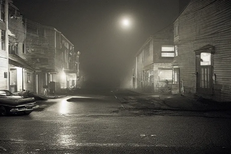 Image similar to an emty street with a car at night with only by one street light, photo by Gregory Crewdson,