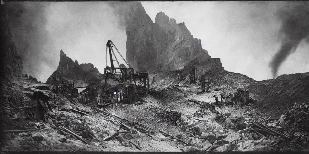 Prompt: 1 9 2 0 s photography of giant fuming mining machinery mining the dolomites, mountain collapsing, cleared forest, lonely human workers with pickaxes and gas masks, eerie, dark, by william hope