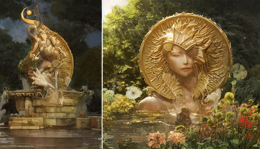 Image similar to craig mullins, studio ghibli, and alphonse mucha illustration of a relief sculpture of the sun on top of a fountain in a garden, flowers, unreal engine, hyper realism, realistic shading, cinematic composition, realistic render, octane render, detailed textures, photorealistic, wide shot