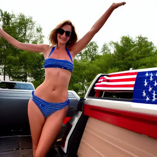 Prompt: photo of woman in the back of a pickup truck wearing bikinis drinking beer waving the american flag. the woman is completely drunk but still attractive and supports biden.