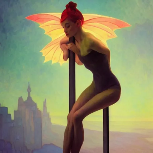 Image similar to A beautiful poledancing fairie, cinematic lighting, soft bokeh, fantasy, modern, colourful, highly detailed, digital painting, artstation, deviantart, concept art, sharp focus, illustration, by Edward Hopper and Rene Magritte and Alphonse Mucha