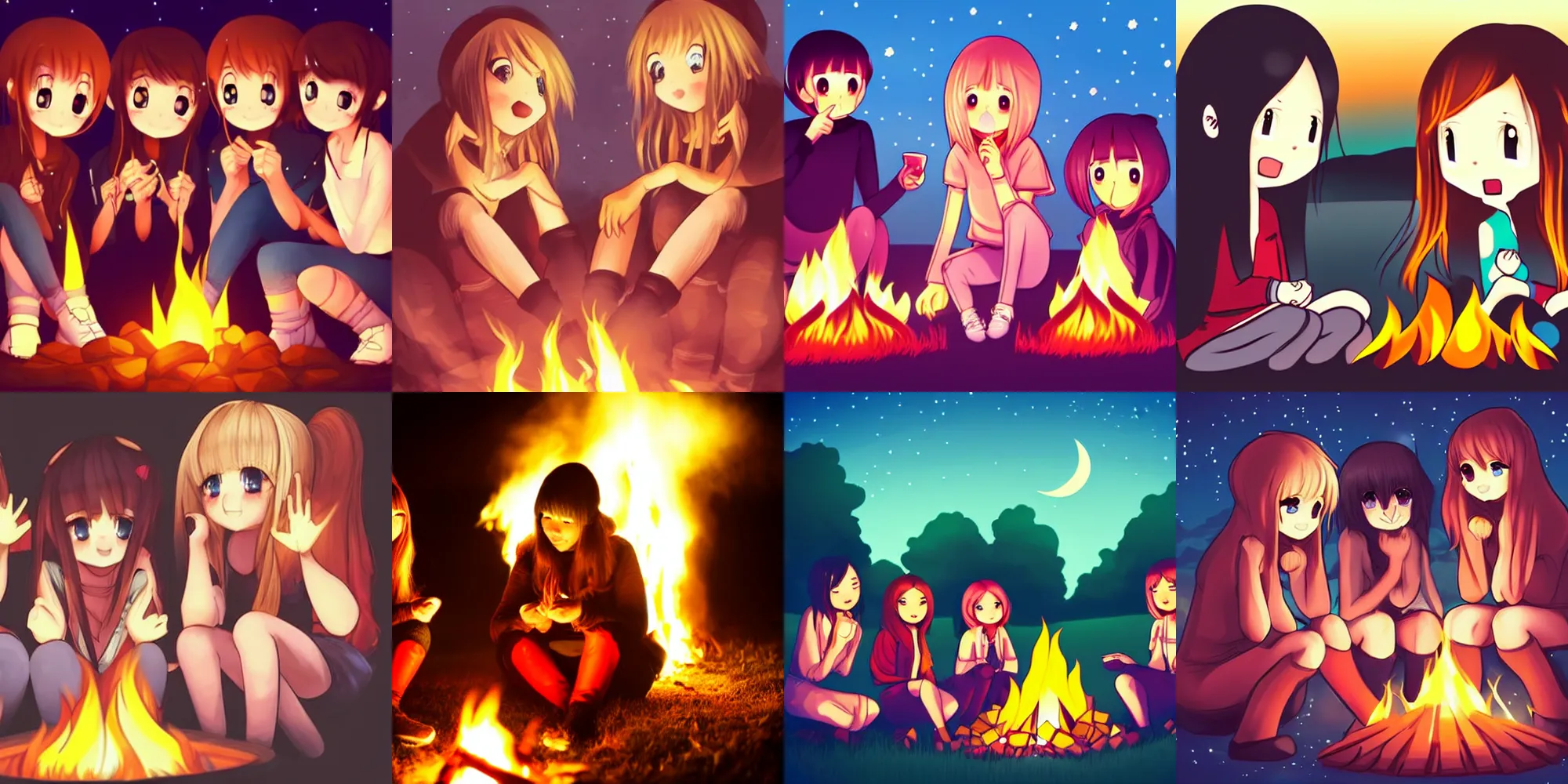 Prompt: cute girls with detailed eyes sitting around campfire at night, full faces, anime