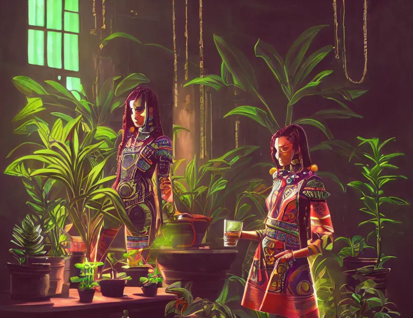 Prompt: aztec scifi alchemist in a well - lit study with potted plants, wearing a lovely dress with cyberpunk elements. this oil painting by the award - winning mangaka has an interesting color scheme and impeccable lighting.