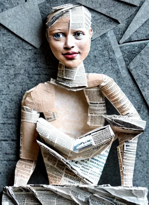 Image similar to a portrait of a beautiful young woman paper mache wrapped and made of newspaper, sitting relax and happy, marble stairs on the the backgroundhyper realistic, 8 k,