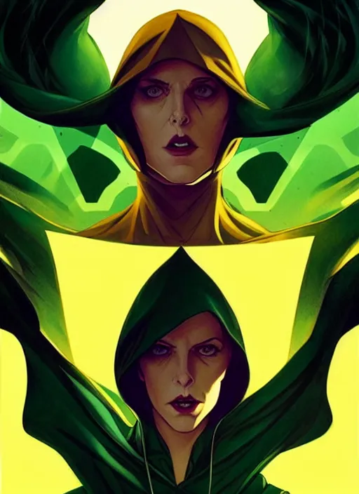 Prompt: Rafeal Albuquerque comic art, Joshua Middleton comic art, cinematics lighting, beautiful Anna Kendrick supervillain, green dress with a black hood, yellow eyes, angry, symmetrical face, symmetrical eyes, full body, flying in the air, night time, red mood in background