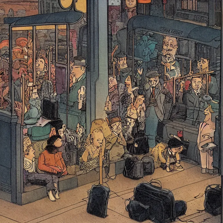 Image similar to some people waiting in bus stop in quiet dark city night, detailed, high quality, high resolution, color illustration by Winsor McCay little nemo