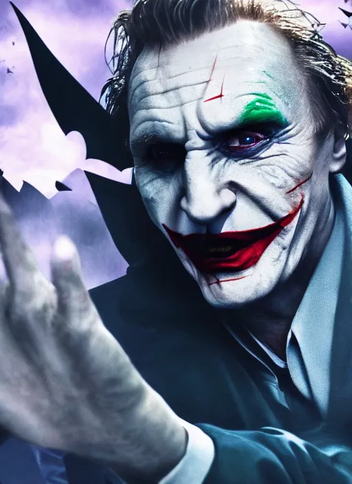 Image similar to Liam Neeson as the Joker, defeating Batman, realistic, digital art, 4k, cinematic lighting, explosion in the background