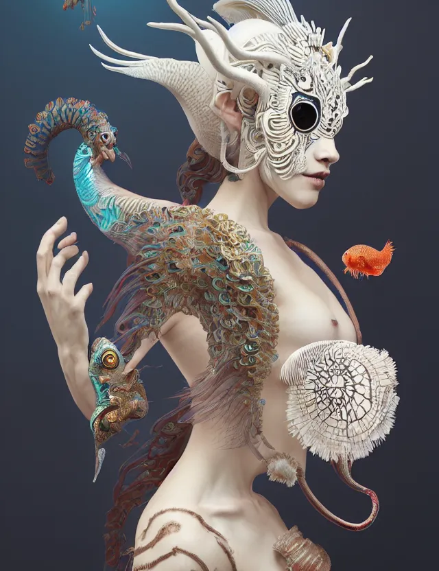 Image similar to 3 d goddess half - turn portrait with ram skull. beautiful intricately detailed japanese crow kitsune mask and clasical japanese kimono. betta fish, jellyfish phoenix, bio luminescent, plasma, ice, water, wind, creature, artwork by tooth wu and wlop and beeple and greg rutkowski