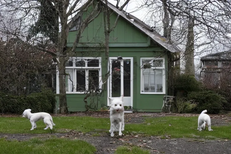 Prompt: the sour, dour, angry lady across the street is walking her three tiny white dogs on leashes. she shuffles around, looking down. she has gray hair. she is wearing a long gray cardigan and dark pants. highly detailed. green house in background. large norway maple tree in foreground. view through window.