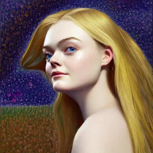 Image similar to professional painting of Elle Fanning in Halo 2 in the style of Henri-Edmond Cross, head and shoulders portrait, symmetrical facial features, smooth, sharp focus, illustration, intricate, stormy weather, extremely detailed masterpiece,