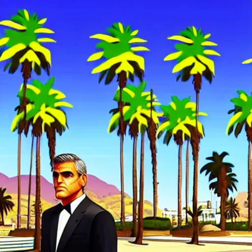 Image similar to george clooney in gta v. los santos in background, palm trees in the art style of stephen bliss