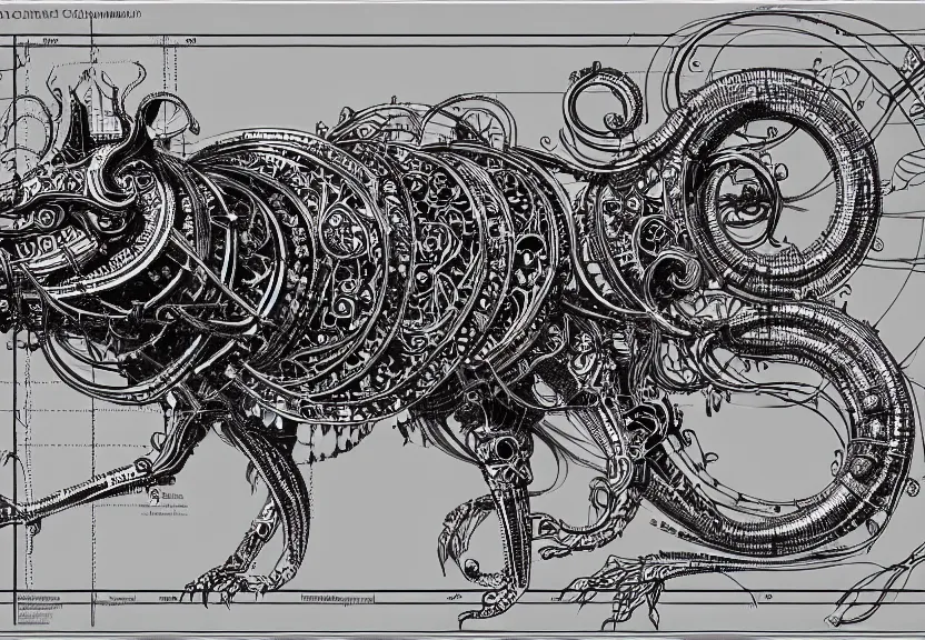 Image similar to schematic blueprint of highly detailed ornate filigreed convoluted ornamented elaborate cybernetic rat, art by da vinci