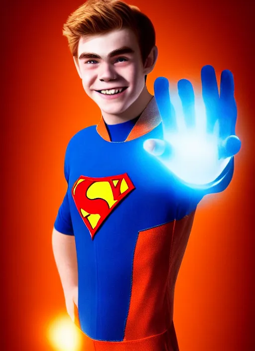 Image similar to friendly teenage archie andrews wearing an orange superhero costume with heart logo, heart, freckles, blue cape, heart emblem on chest, blue cape, intricate, elegant, glowing lights, highly detailed, digital painting, artstation, sharp focus, illustration, art by wlop, mars ravelo and greg rutkowski