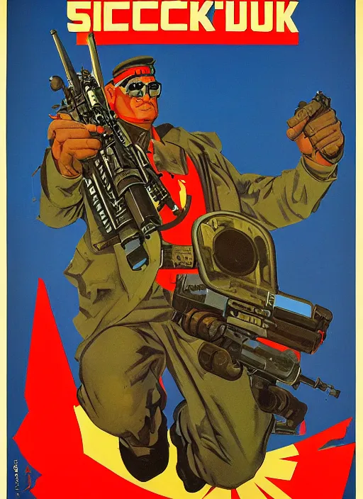 Image similar to soviet propaganda poster. cyberpunk heavy weapons guy. portrait by jean giraud and anton otto fischer and john philip falter and will eisner and gil elvgren