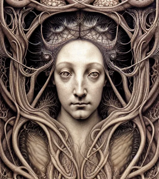 Image similar to detailed realistic beautiful fungi goddess face portrait by jean delville, gustave dore, iris van herpen and marco mazzoni, art forms of nature by ernst haeckel, art nouveau, symbolist, visionary, gothic, neo - gothic, pre - raphaelite, fractal lace, intricate alien botanicals, ai biodiversity, surreality, hyperdetailed ultrasharp octane render