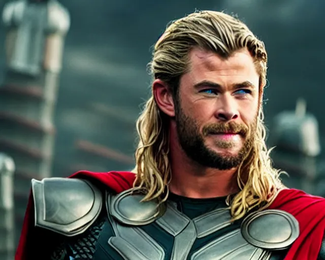 Prompt: chris hemsworth as thor with exaggerated drag queen makeup, cinematic shot, hyper detailed, cinematic