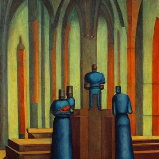 Image similar to brutalist giant fascist robots at an altar, cathedral, dystopian, pj crook, edward hopper, oil on canvas