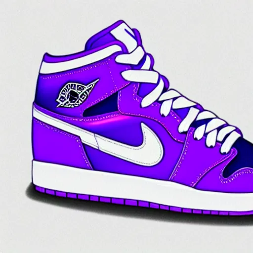 Image similar to nike air jordans, high tops, plain purple background, 3 d, render, realistic