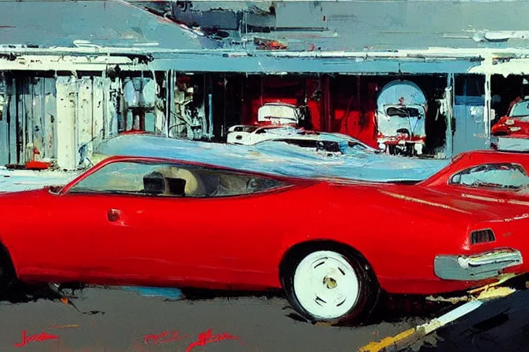 Image similar to red car, white background!!!!!!!!!!, style by John Berkey