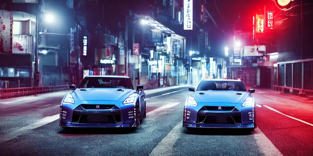 Image similar to NISSAN GT-R with blood vinyil in the middle of a road on the night Tokyo, blue color grading, cinematic color grading , unreal 5, hyperrealistic, realistic, photorealistic, dynamic lighting, highly detailed, cinematic landscape, studio landscape, studio lighting