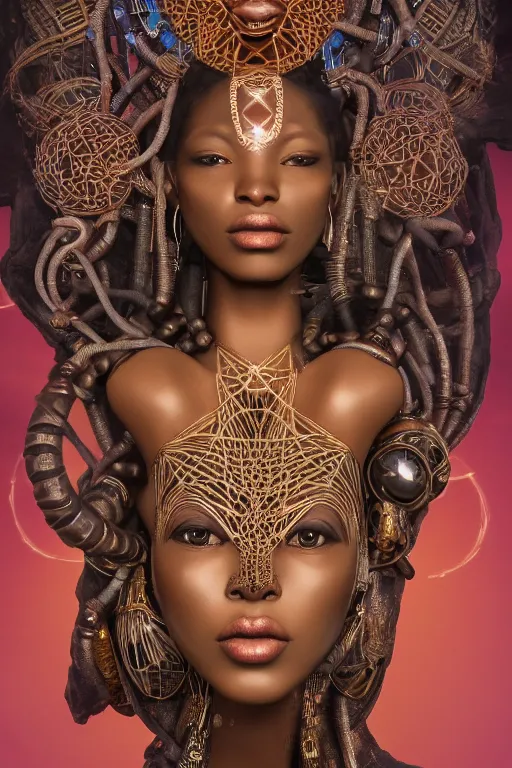 Image similar to a photo of a single alluring african tribal goddess adorned surrounded by sacred geometry made from mecha parts architecture and incense smoke, full body, gorgeous, perfect face, powerful, cinematic, beautifully lit, by artgerm, by karol bak, by viktoria gavrilenko, 3 d, trending on artstation, octane render, 8 k