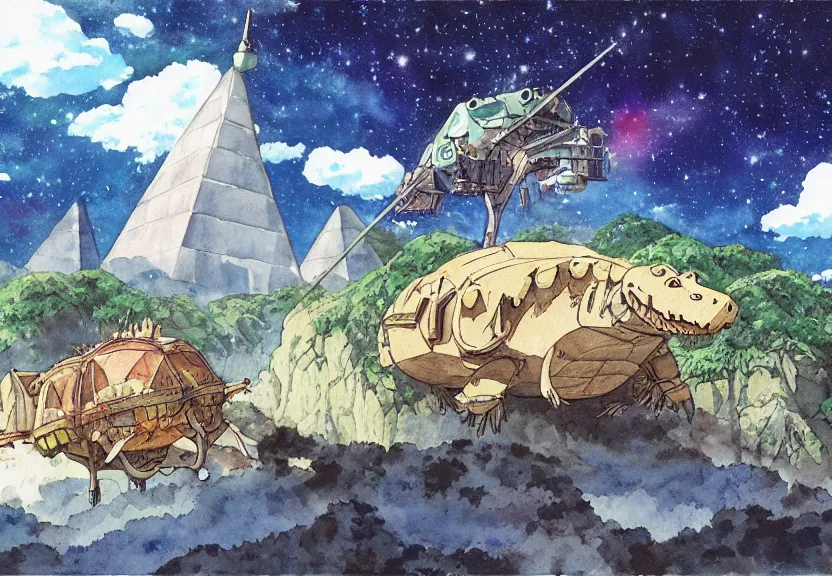 Image similar to a hyperrealist watercolor concept art from a studio ghibli film showing a giant mechanized crocodile from howl's moving castle ( 2 0 0 4 ). a pyramid is under construction in the background, in the rainforest on a misty and starry night. a ufo is in the sky. by studio ghibli