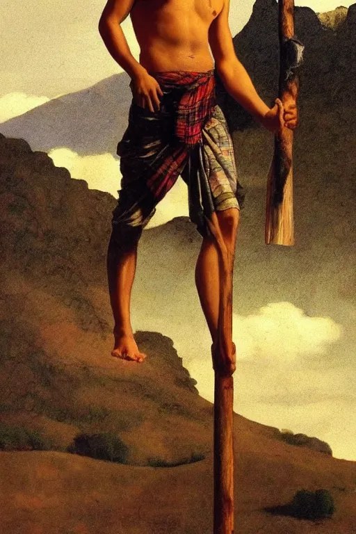 Prompt: an ethereal dramatic painting of a handsome rugged shirtless desi hiker | he is wearing a plaid kilt and cowboy hat, and holding a wooden pole | background is mountains and clouds | homoerotic, dramatic lighting, highly detailed, vintage travel poster | by maxfield parrish | trending on artstation