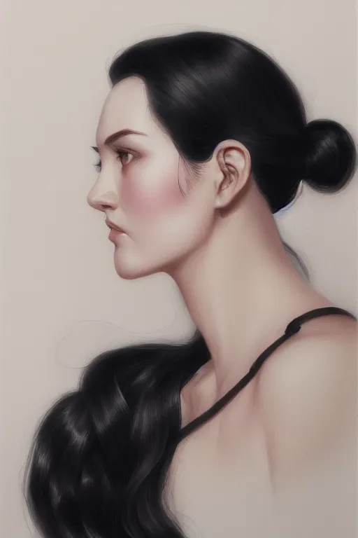 Image similar to sideview of a beautiful black haired pale woman, by artgerm, by studio trigger, by wlop, realistic, soft light, warm colors