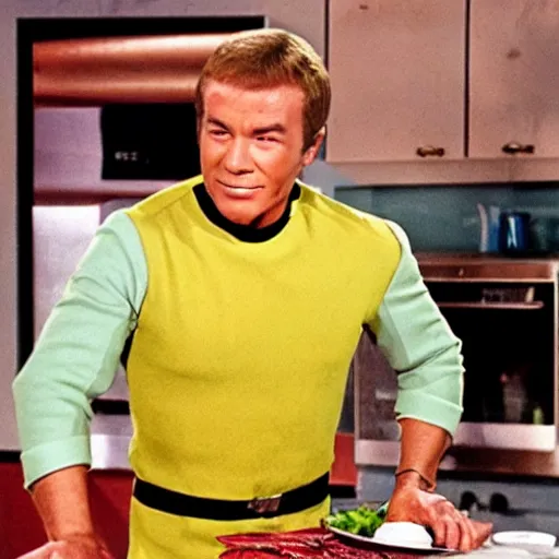 Prompt: captain kirk on a cooking show