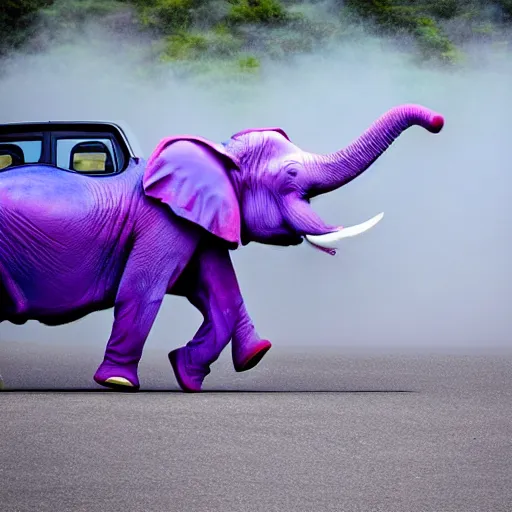 Prompt: purple elephant riding a ford mustang