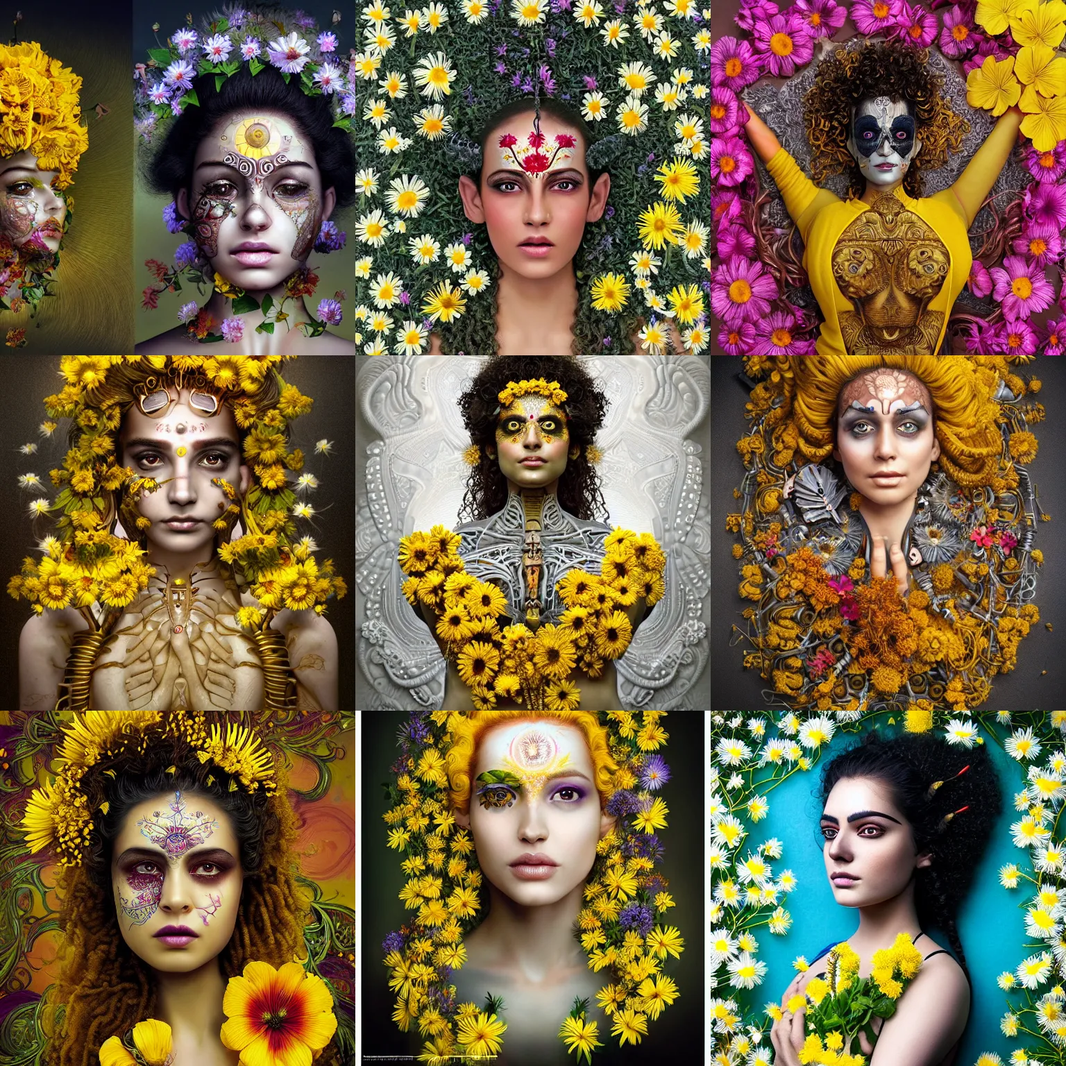 Prompt: a beautiful intricate fine art portrait photo of an indian cyborg with bionic implants on the face, epic curly hair spread out around her lined with beautiful yellow hibiscus, lying on a bed of daisies, goddess, by natalie shau and james christensen, masterpiece!, top view, studio lighting, golden ratio composition, 3 5 mm lens, deep depth of field, artstation, 8 k