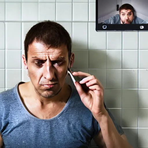 Image similar to prisoner alone in his cell setting up a video call using an ipad, photorealistic, frustrated expression, dark, restrictive firewalls