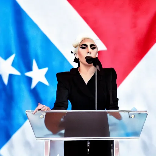 Image similar to Lady Gaga as president, Argentina presidential rally, Argentine flags behind, bokeh, giving a speech, detailed face, Argentina