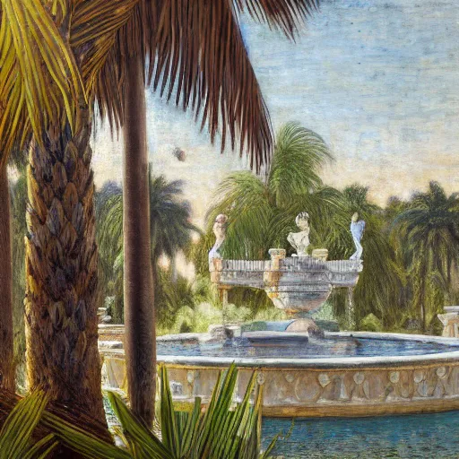 Image similar to a ultradetailed beautiful painting of a old fountain in the amazonas palace balustrade designed by jules bastien - lepage, tarsila do amaral, frank weston and gustave baumann, beach, trending on artstation, mediterranean, palm trees, sharp focus, soft light, 8 k 4 k