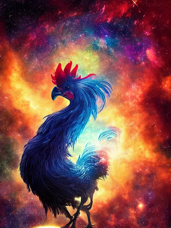 Image similar to a lone giant rooster, centered, floating in space, center of the universe, \ galaxy cosmic nebula, epic, volumetric light, hyperrealistic, glitter, mega detailed, beautiful composition, beautiful lighting, unreal render, 4 k, vincent di fate, john berkey, michael whelan