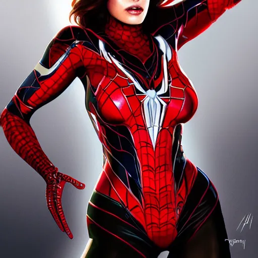 Prompt: Mila Jovovich as spiderwoman, intricate, highly detailed, digital painting, artstation, concept art, smooth, sharp focus, illustration, Unreal Engine 5, 8K, artgerm, rutkowski, mucha