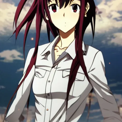 Prompt: key anime visual of kurisu from steins ; gate, abstract clockwork background, official media