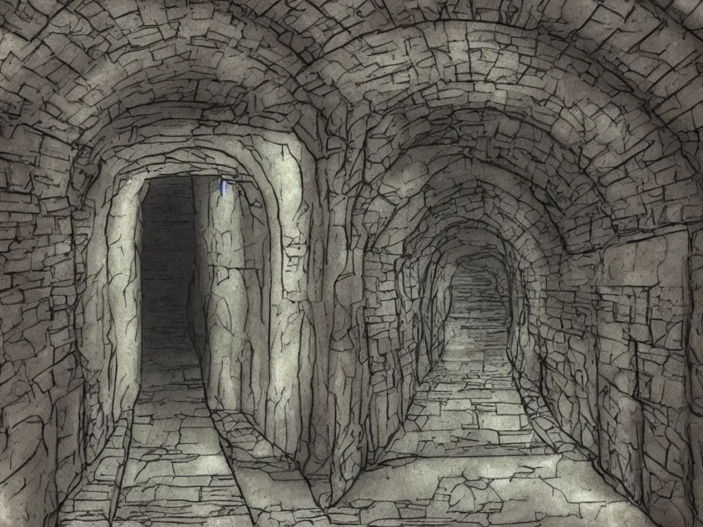 Prompt: A narrow tunnel in a dungeon. Anime Style