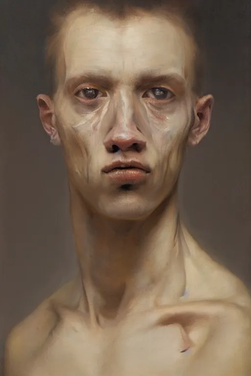 Prompt: beautiful clean oil painting biomechanical portrait of young man face by michael borremans, wayne barlowe, rembrandt, complex, stunning, realistic, skin color
