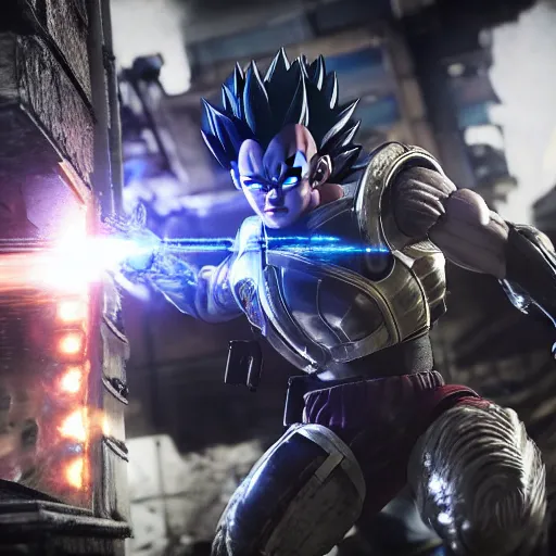 Image similar to vegeta in gears of war, splash art, movie still, cinematic lighting, ray tracing, octane render, long lens, shallow depth of field, bokeh, anamorphic lens flare, 8 k, hyper detailed, 3 5 mm film grain