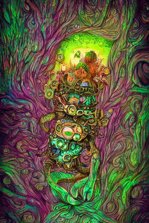 Image similar to creature sushi roots cactus elemental flush of force nature micro world fluo light deepdream a wild amazing steampunk baroque ancient alien creature, intricate detail, colorful digital painting