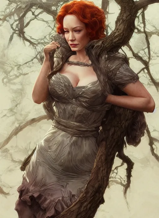 Image similar to tired Christina Hendricks taking a rest under a tree after an long adventure a ruggedly muscled handsome heroine, intricate, elegant, highly detailed, centered, digital painting, artstation, concept art, smooth, sharp focus, illustration, artgerm, donato giancola, Joseph Christian Leyendecker, WLOP, Artgerm, thunder storm