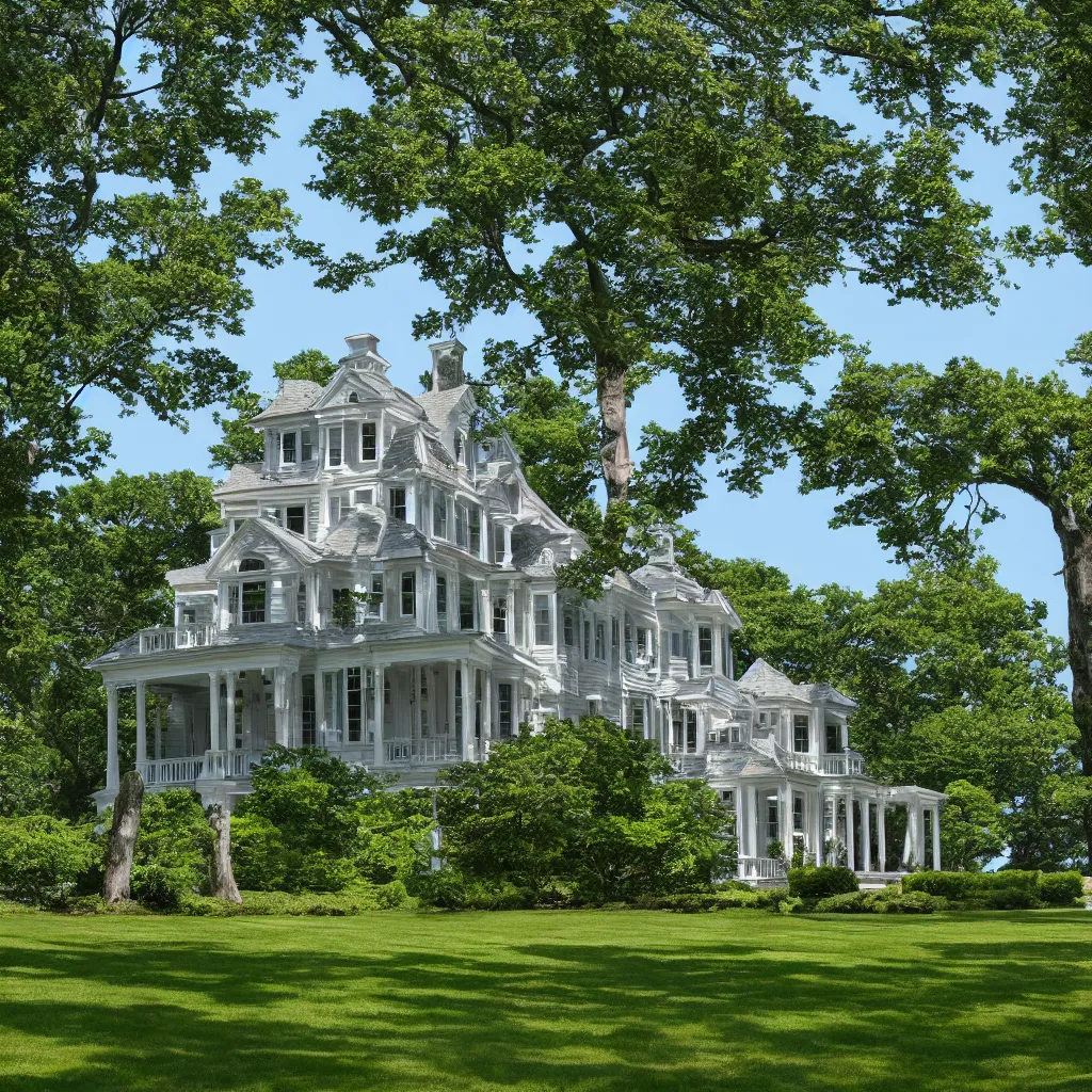 Prompt: hamptons mansion, cape cod architecture, trees and lake, photorealistic, high quality 8 k,