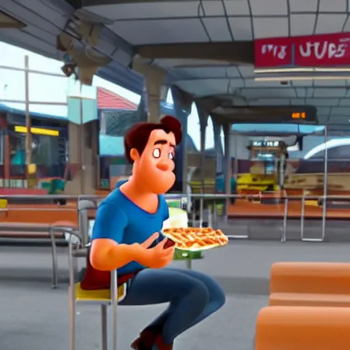 Prompt: disney pixar animation of phil the power taylor eating a kebab in a bus station
