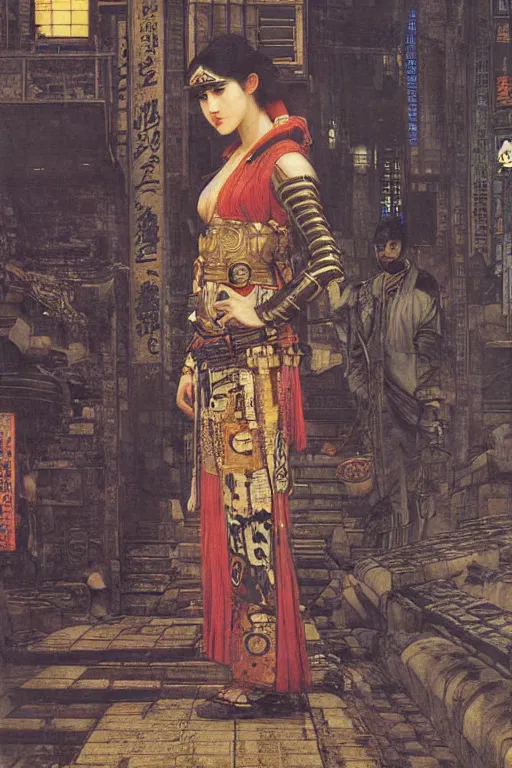 Image similar to cyberpunk ancient japanese city, orientalist intricate portrait by john william waterhouse and edwin longsden long and theodore ralli and nasreddine dinet, hyper realism, dramatic lighting