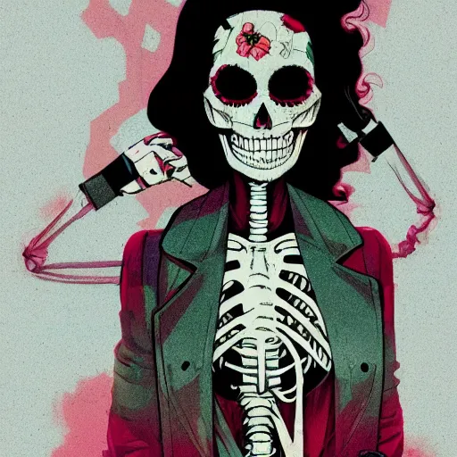 Image similar to a colorfully detailed comic noir style illustration of a beautiful woman wearing a skeleton suit in a post-apocalyptic desert by queens of the stone age and sachin teng, dark vibes, street art, cinematic, high contrast, depth of field